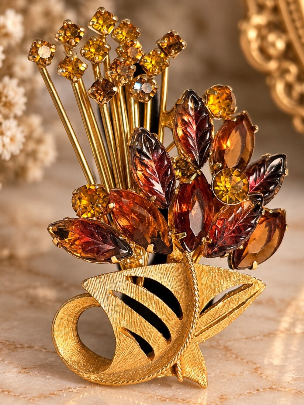 Vintage Floral Spray Brooch Gold Tone Amber Topaz-Color Rhinestones Leaf Bouquet